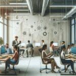 Participantes en coworking colaborando en un ambiente moderno y tecnológico