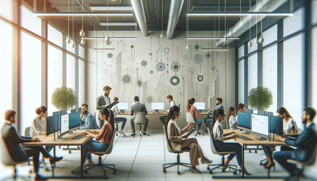 Participantes en coworking colaborando en un ambiente moderno y tecnológico