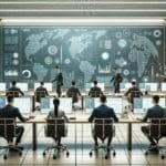 Personas trabajando en una oficina moderna con pantallas de datos y tecnología