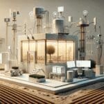 Plano medio de una startup agrotech en un campo conectado con sensores e inteligencia artificial