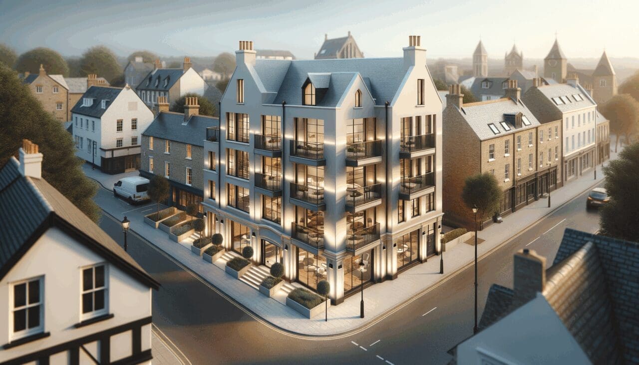 Edificio antiguo reformado con diseño moderno en un pequeño pueblo