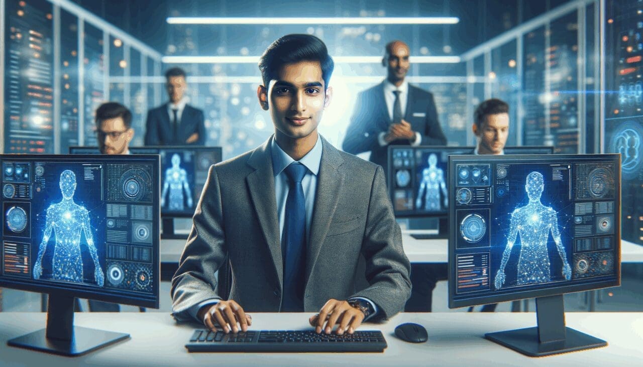 Retrato de un joven emprendedor trabajando frente a múltiples pantallas con gráficos de inteligencia artificial.