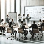 Equipo de emprendedores colaborando en una sala de reuniones moderna con laptops y pizarras