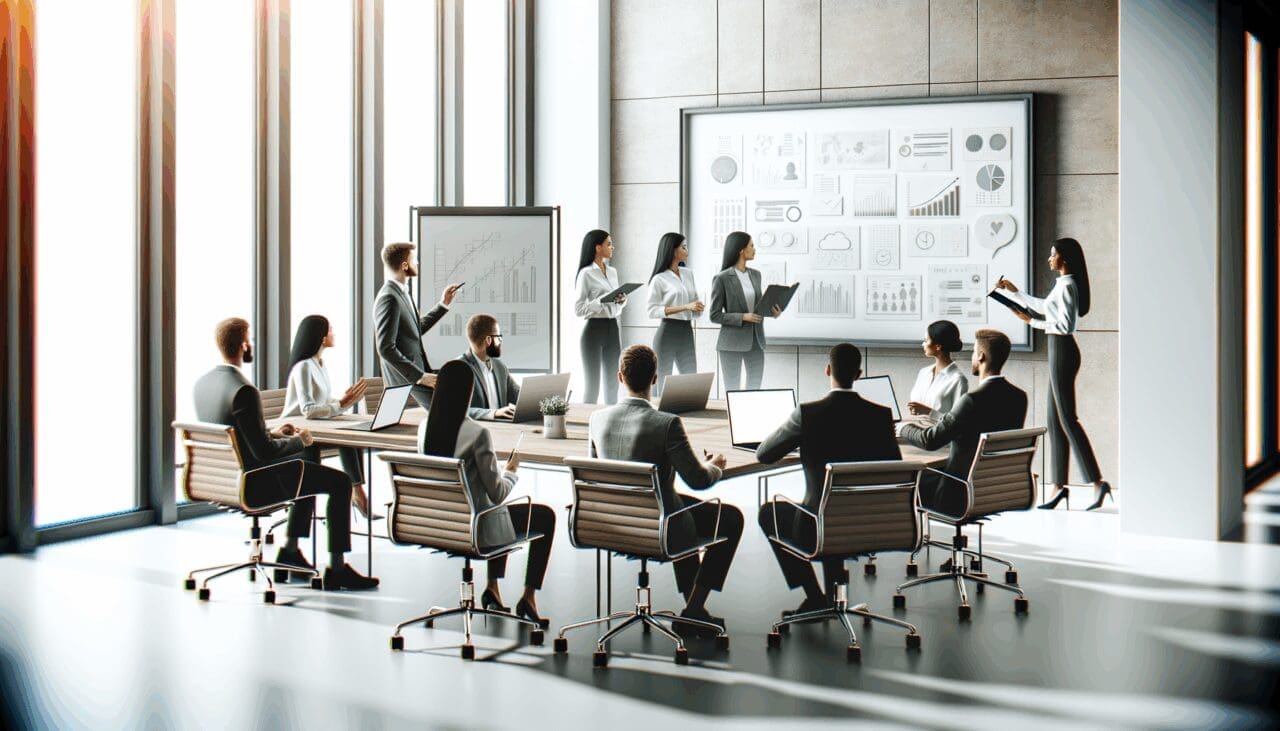 Equipo de emprendedores colaborando en una sala de reuniones moderna con laptops y pizarras