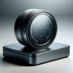 Primer plano de un dispositivo tecnológico futurista sobre fondo minimalista