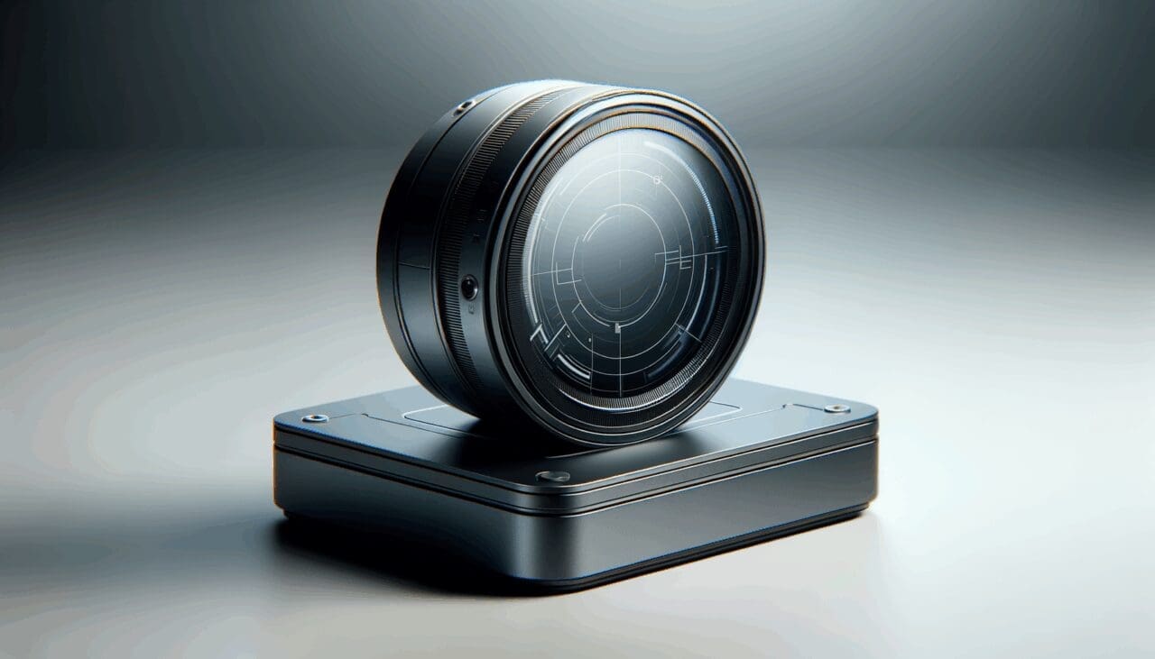 Primer plano de un dispositivo tecnológico futurista sobre fondo minimalista