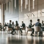 Fotografía de un evento de networking con emprendedores e inversores conversando en un espacio moderno