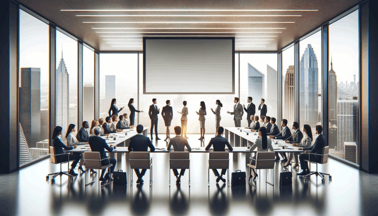 Sala de conferencias moderna con emprendedores intercambiando ideas frente a una pantalla grande