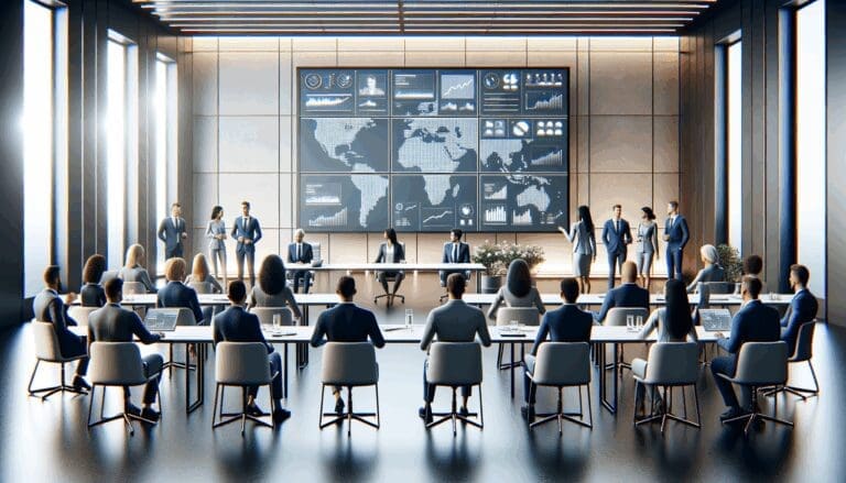 Emprendedores reunidos en una sala de conferencias moderna con pantallas de alta tecnología.