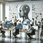 Oficina moderna con ingenieros trabajando en tecnología de inteligencia artificial