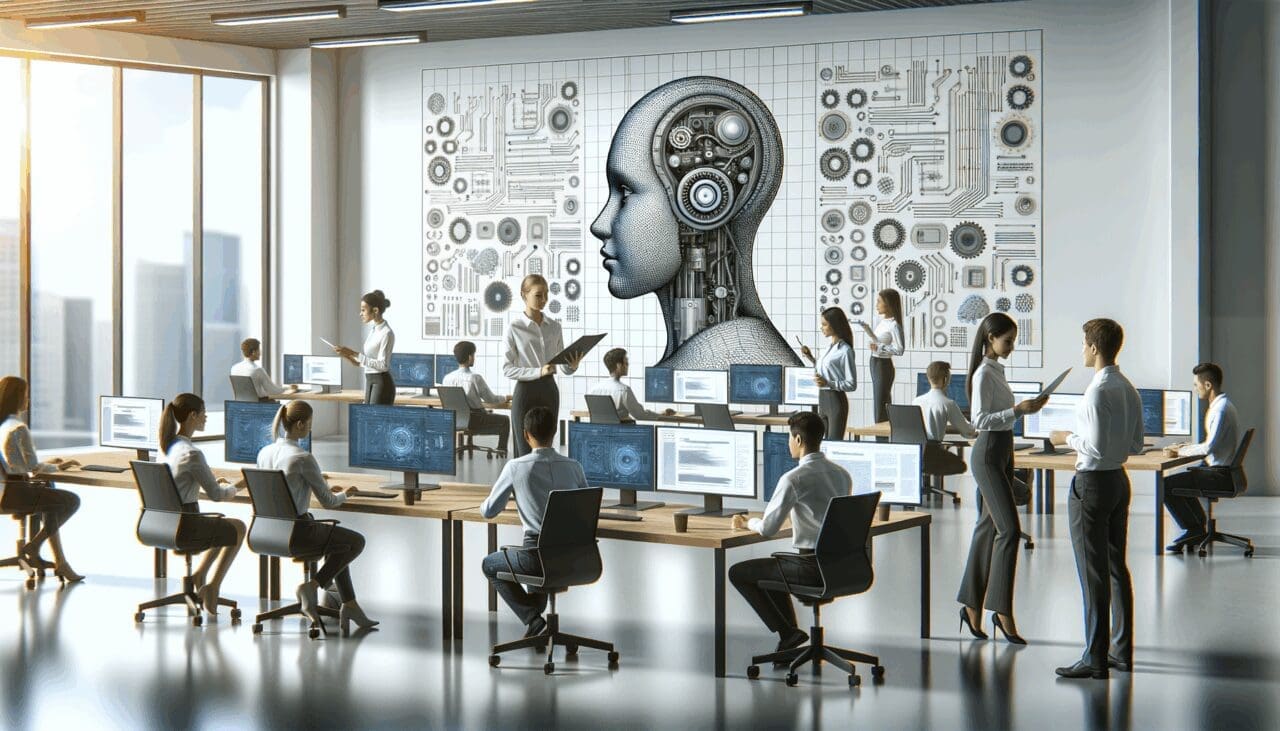 Oficina moderna con ingenieros trabajando en tecnología de inteligencia artificial