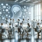 Laboratorio moderno con científicos trabajando en inteligencia artificial y big data