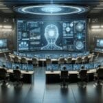 Centro de comando militar con pantallas digitales y algoritmos de inteligencia artificial en operación