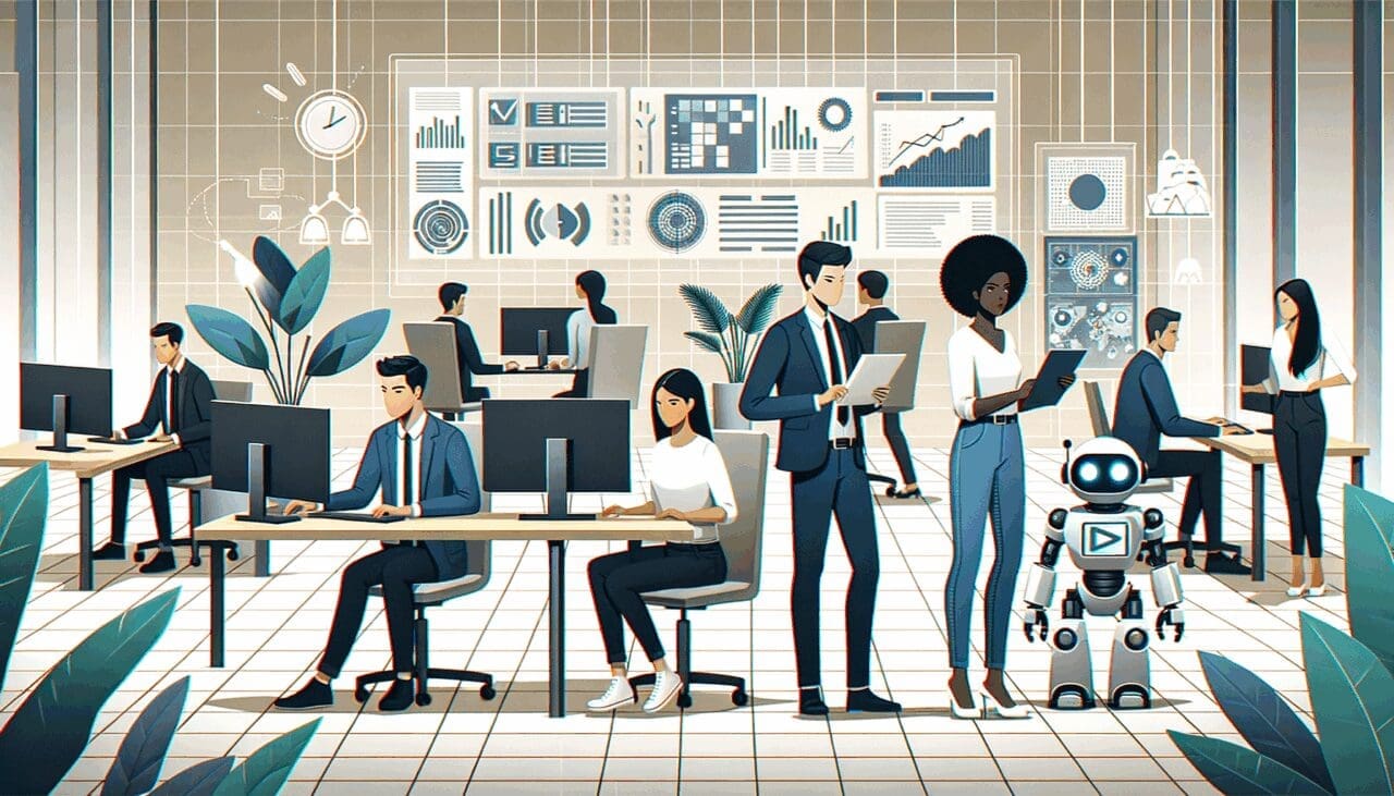 Grupo de emprendedores trabajando en un laboratorio tecnológico con pantallas de datos y robots