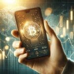 Mano sosteniendo un teléfono móvil con gráfico dorado de criptomoneda y fondo tecnológico borroso