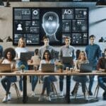 Equipo de jóvenes emprendedores trabajando en un espacio de coworking con pantallas mostrando herramientas de IA