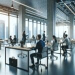 Vista interior de un centro de innovación con emprendedores trabajando en laptops