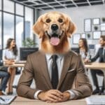 Perro golden retriever en oficina moderna con equipos de trabajo sonrientes al fondo