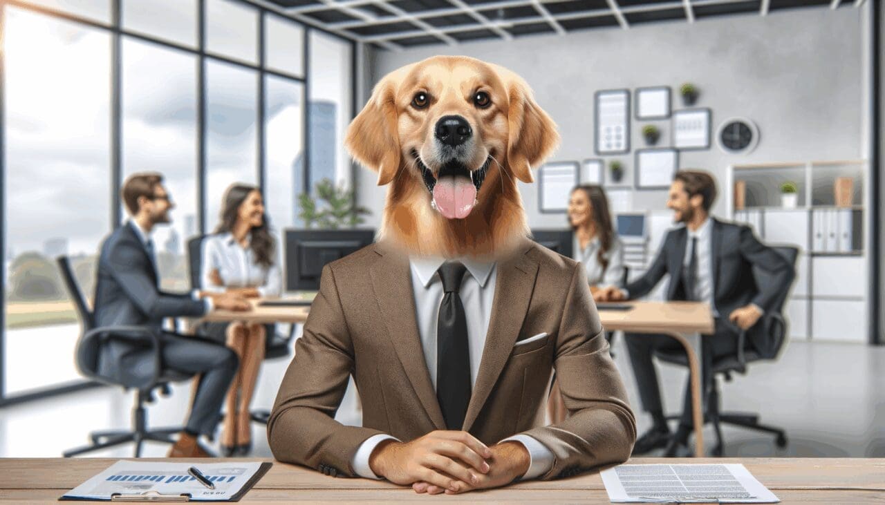 Perro golden retriever en oficina moderna con equipos de trabajo sonrientes al fondo