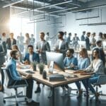 Espacio de coworking moderno con emprendedores colaborando frente a computadoras