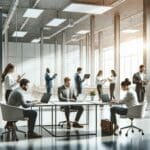 Interior luminoso de un centro de innovación con emprendedores colaborando frente a laptops