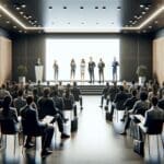 Auditorio moderno con emprendedores presentando sus ideas en un pitch frente a inversionistas