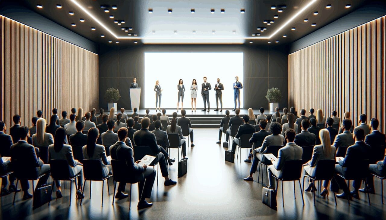 Auditorio moderno con emprendedores presentando sus ideas en un pitch frente a inversionistas