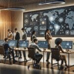 Equipo de emprendedores trabajando sobre pantallas con gráficos de datos y conceptos de inteligencia artificial en una oficina moderna