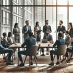 Reunión entre emprendedores e inversionistas en un espacio de coworking moderno