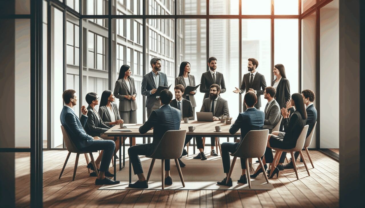 Reunión entre emprendedores e inversionistas en un espacio de coworking moderno