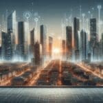 Vista panorámica de un distrito financiero moderno con rascacielos tecnológicos al atardecer