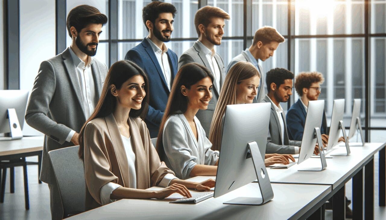 Jóvenes emprendedores trabajando en computadoras en un moderno centro de innovación