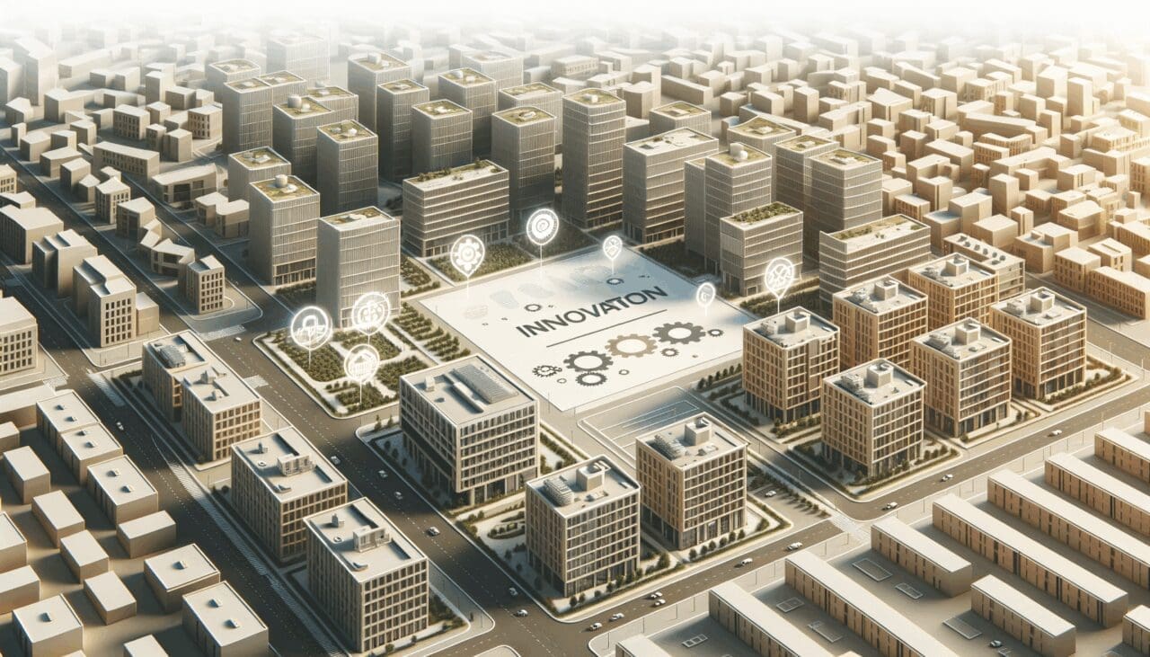 Vista aérea de una ciudad europea moderna con bloques de apartamentos y centros de innovación