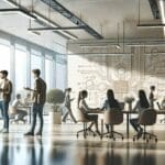 Estudiantes colaborando en un espacio de coworking tecnológico de arquitectura moderna