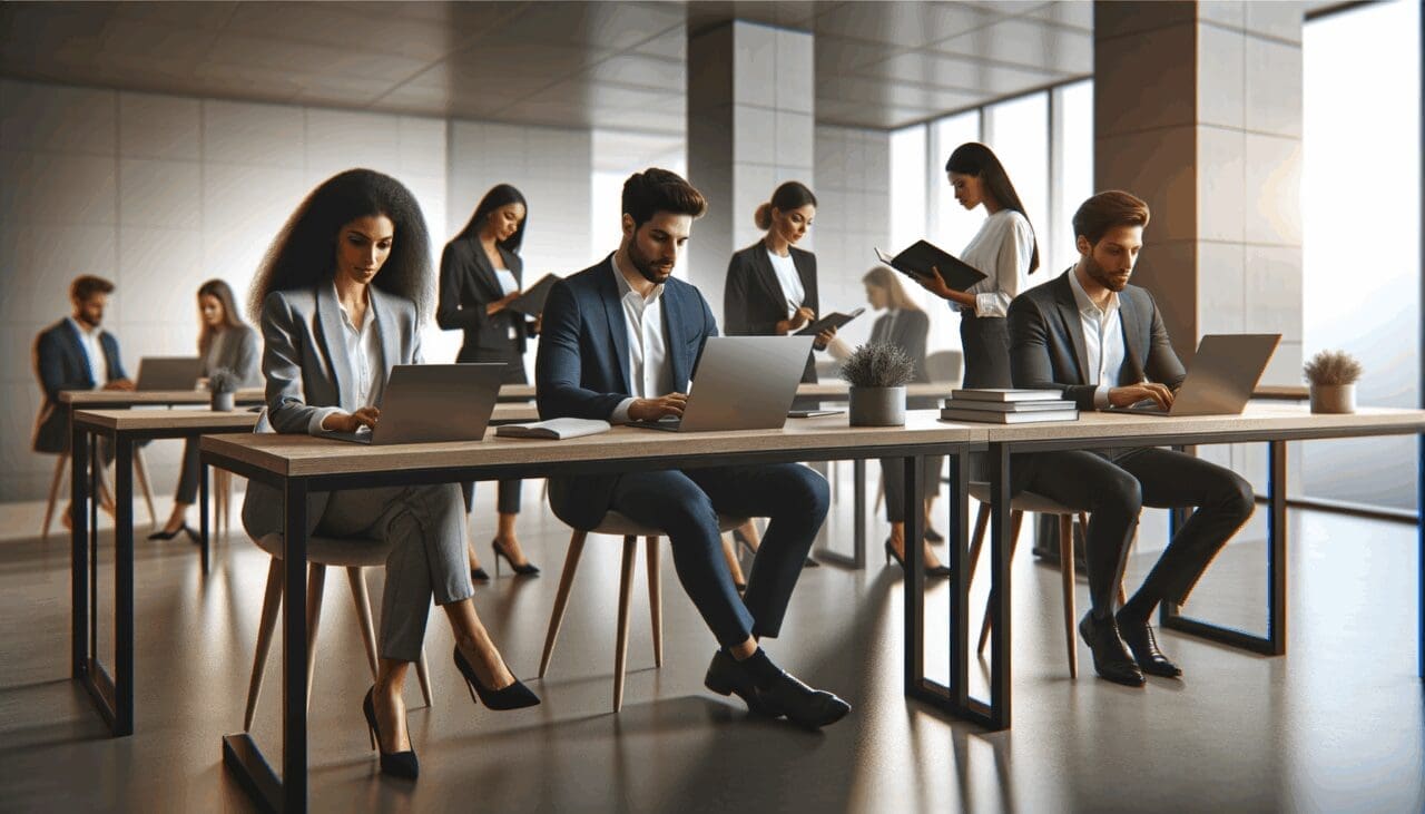 Oficina moderna con profesionales jóvenes trabajando en laptops, estilo startup