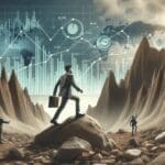 Ilustración conceptual de un emprendedor cruzando un valle rocoso con gráficos financieros al fondo