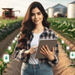 Mujer joven en campo agrícola con tablet, rodeada de cultivos inteligentes