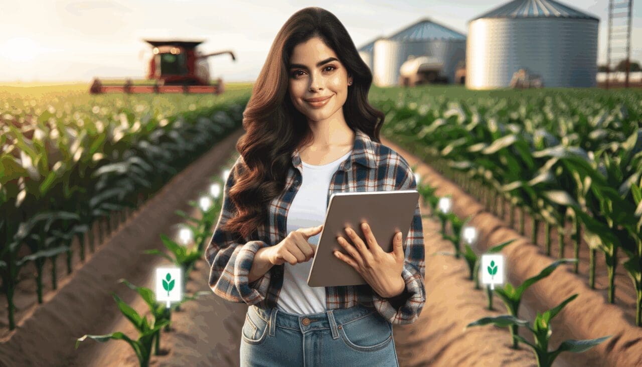 Mujer joven en campo agrícola con tablet, rodeada de cultivos inteligentes