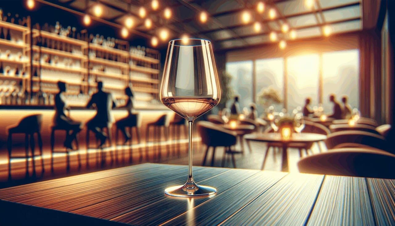 Detalle de una copa de vino sobre una mesa en un bar moderno, con fondo desenfocado y luz cálida