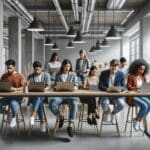 Personas jóvenes trabajando en laptops en un coworking con ambiente moderno