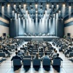 Auditorio moderno lleno de emprendedores durante una conferencia tecnológica