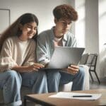 Dos adolescentes usando una laptop en una sala con estilo tecnológico y moderno