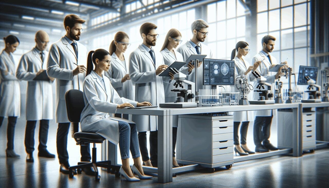 Equipo de científicos con instrumentos tecnológicos trabajando en un entorno industrial