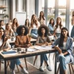 Grupo de mujeres participando en un taller de emprendimiento en un espacio moderno