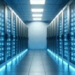 Sala moderna de servidores en un centro de datos con luces azules y racks organizados