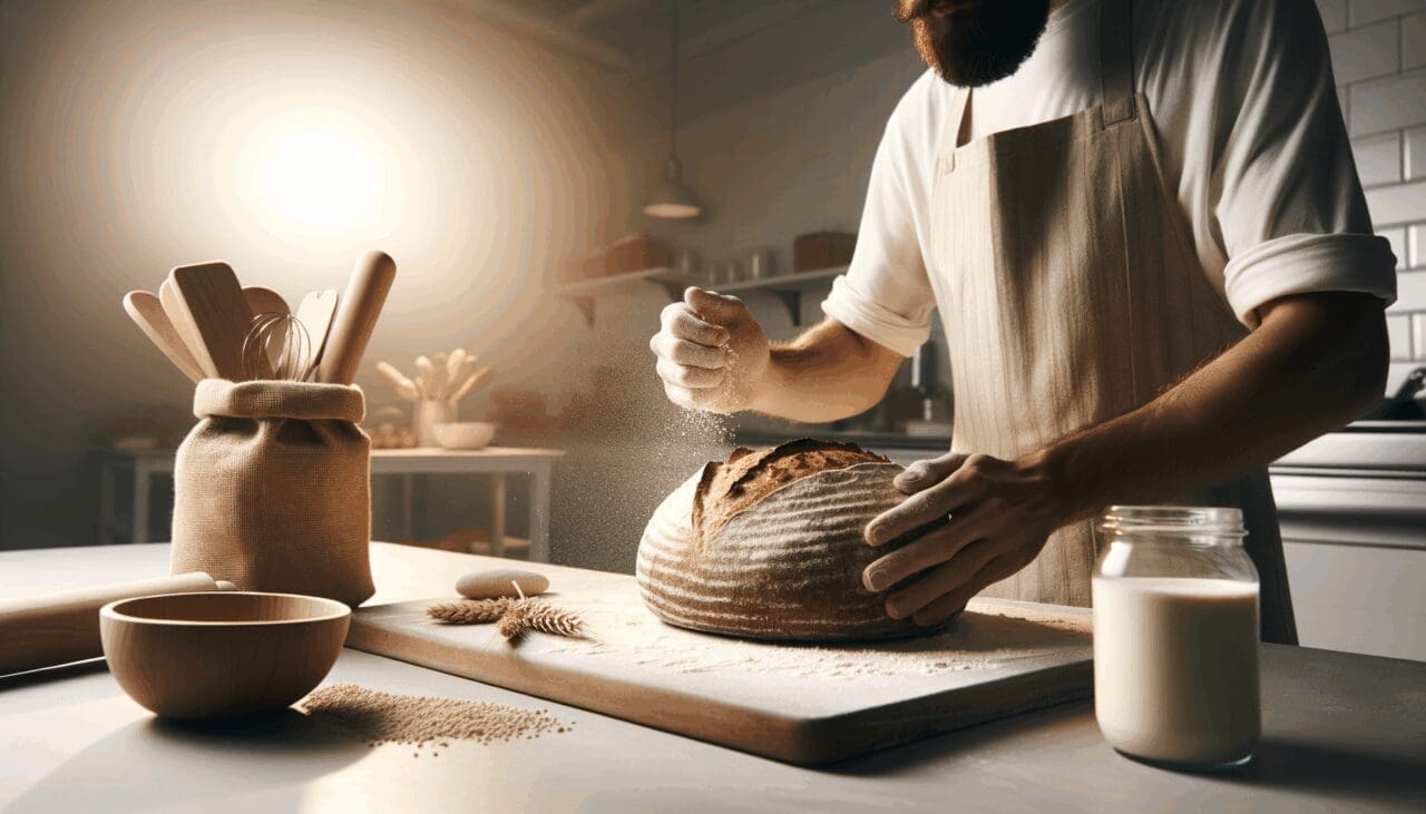 Primer plano de obrador artesanal preparando pan sin gluten en una cocina luminosa
