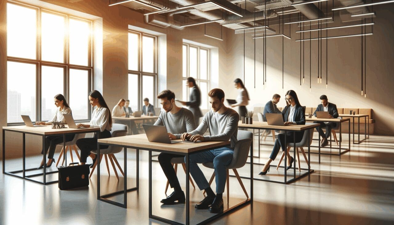Espacio moderno de coworking con emprendedores trabajando en laptops en entorno luminoso