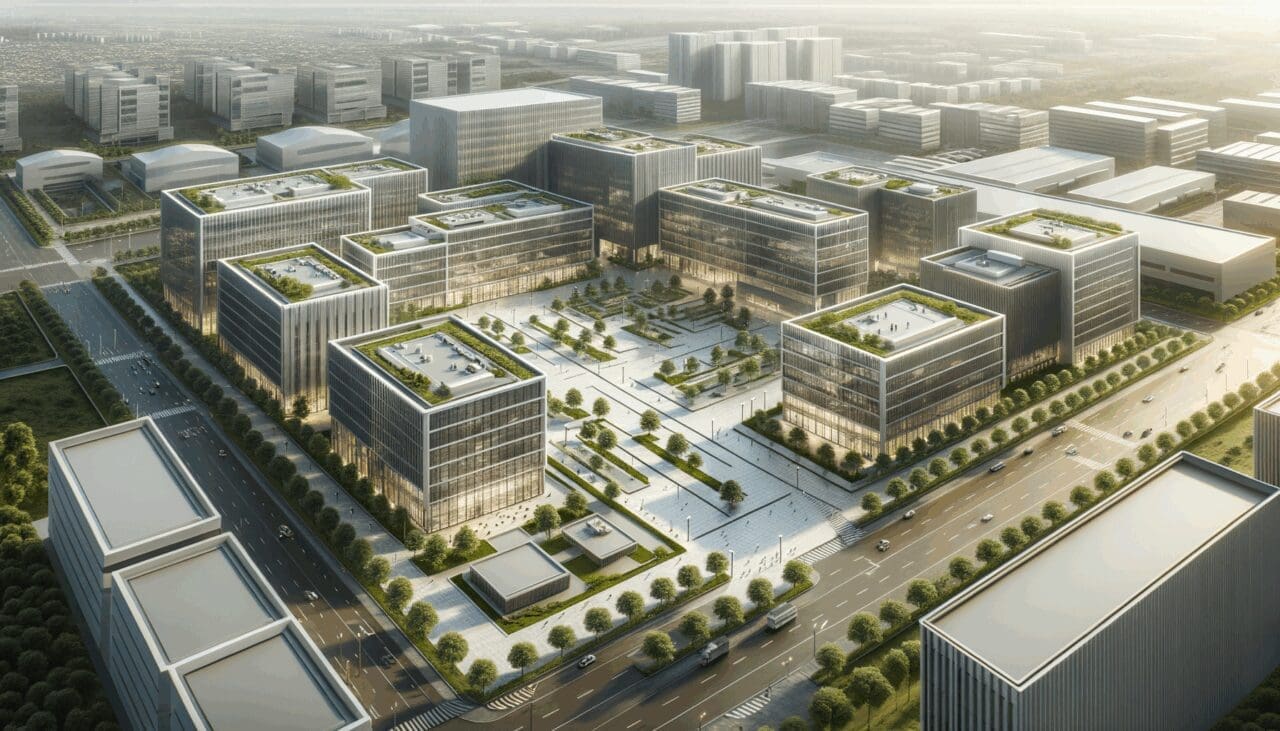 Vista aérea de un moderno centro de innovación con edificios de oficinas y zonas verdes