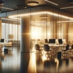 Oficinas modernas de una startup tecnológica con luces cálidas y ambiente colaborativo
