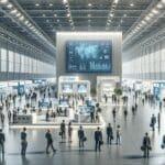 Vista panorámica de un pabellón de exhibición con stands tecnológicos y emprendedores presentando sus proyectos